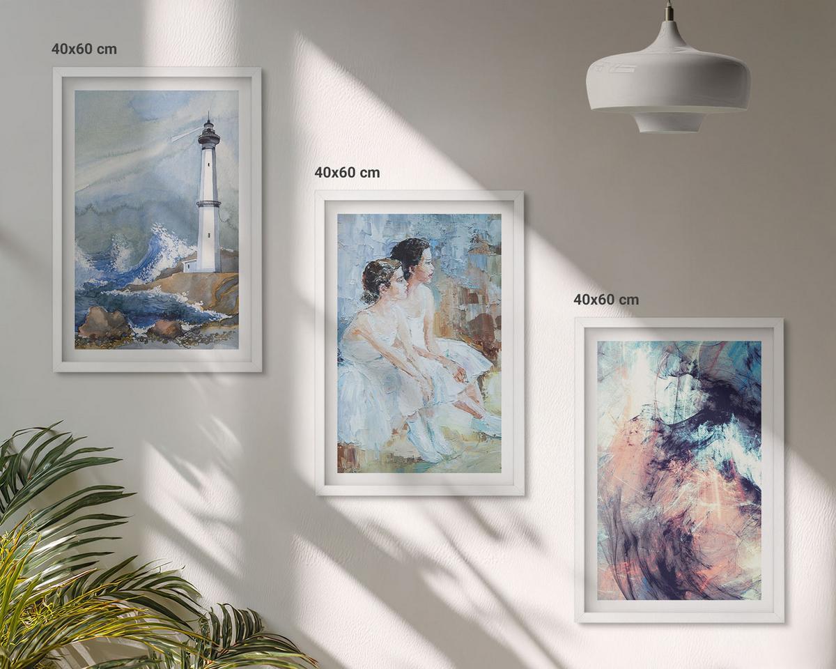 BILDER SET 3er Set - 40x60 cm Weißer Rahmen - Leuchtturm-Abstrakte Tänzerin - Weiß, Kunststoff (40/60cm) - TULUP