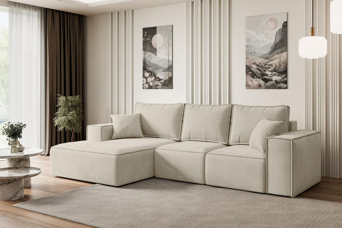 ECKSOFA mit Schlaffunktion und Bettkasten SERRA-L-S - 266x161x87 cm Beige Velours - Beige/Schwarz, Holzwerkstoff/Kunststoff (266/161cm) - ALTDECOR