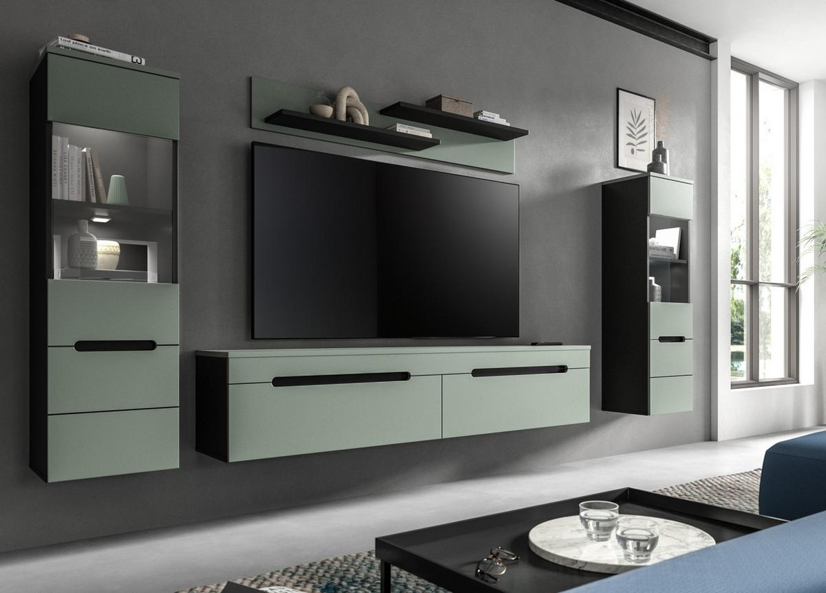 WOHNWAND Salbei grün, grau, Kombination 3-teilig 220 cm hängend oder stehend, Soft-Close - Salbeigrün/Schwarz, Glas/Holzwerkstoff (221/141/33cm) - Inn.Furn