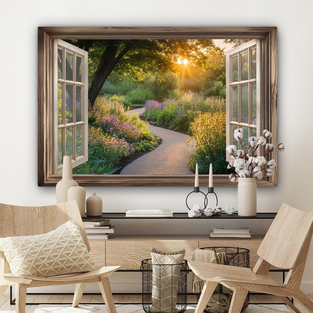 LEINWANDBILD Aussicht - Blumen - Natur - Sonne - Weg Wohnzimmer Groß 120x80 cm - Hellgelb, Textil (120/80cm) - MuchoWow