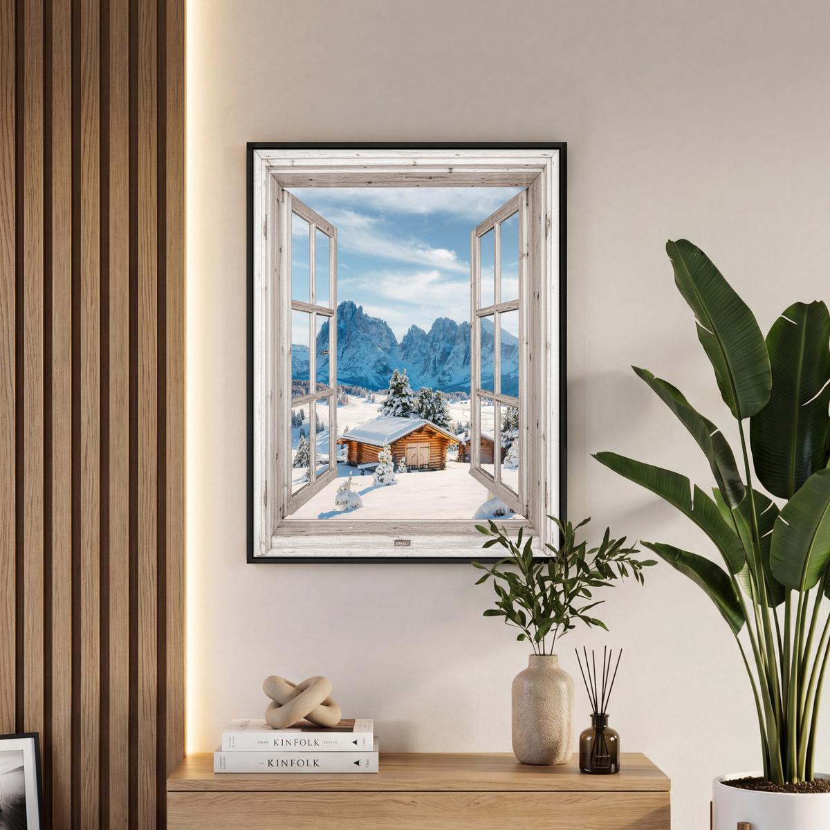 LEINWAND Bilder mit Rahmen - Winterlandschaft - Hütte - Berge - Ausblicke - Aussicht - Natur - 60x80 - Weiß Hochglanz, Textil (60/80cm) - MuchoWow