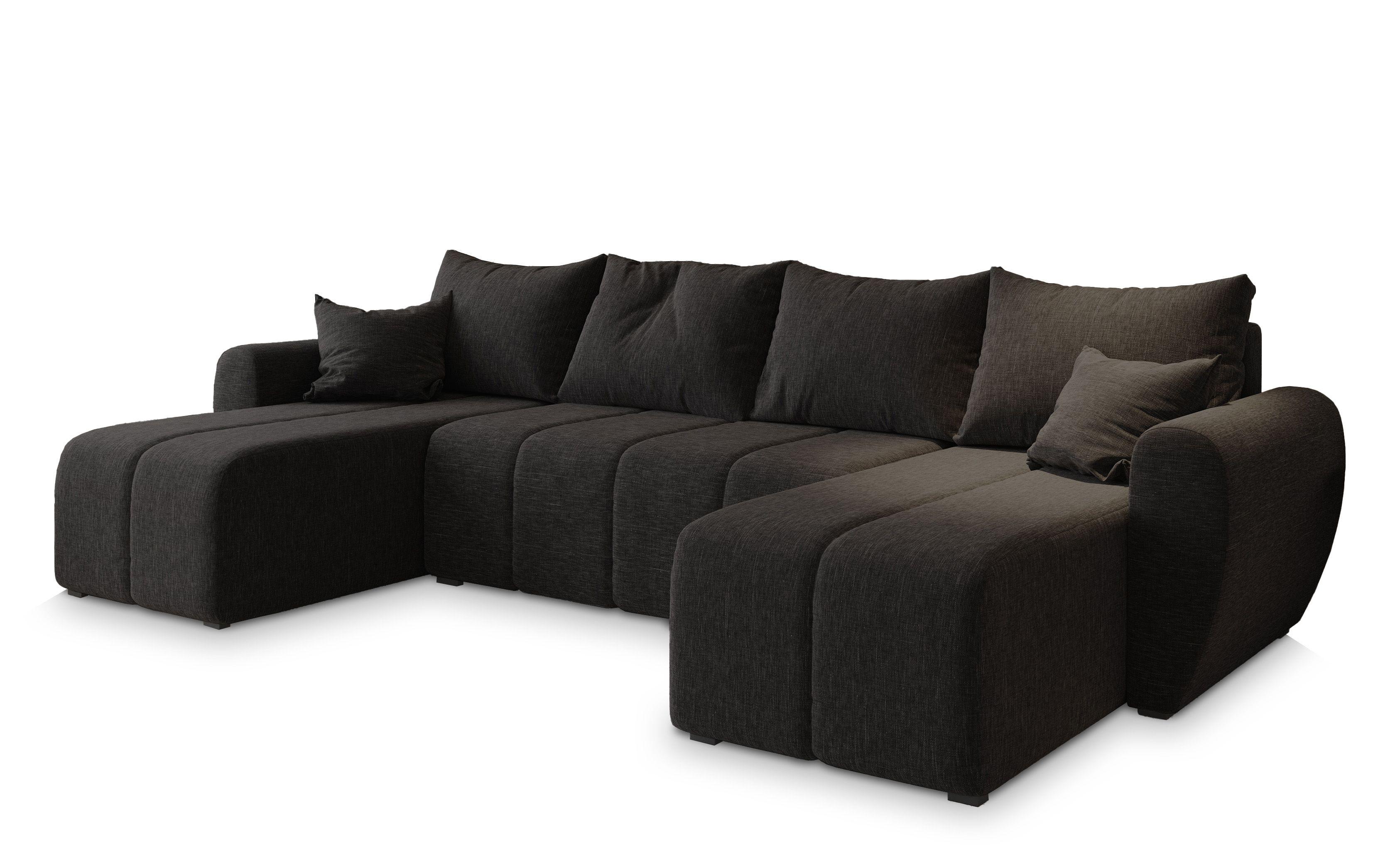 WOHNLANDSCHAFT MADISON U Grau Dünner Stoff mit Schlaffunktion - Schwarz/Grau, Holz/Kunststoff (311/82/145cm) - MASSENO