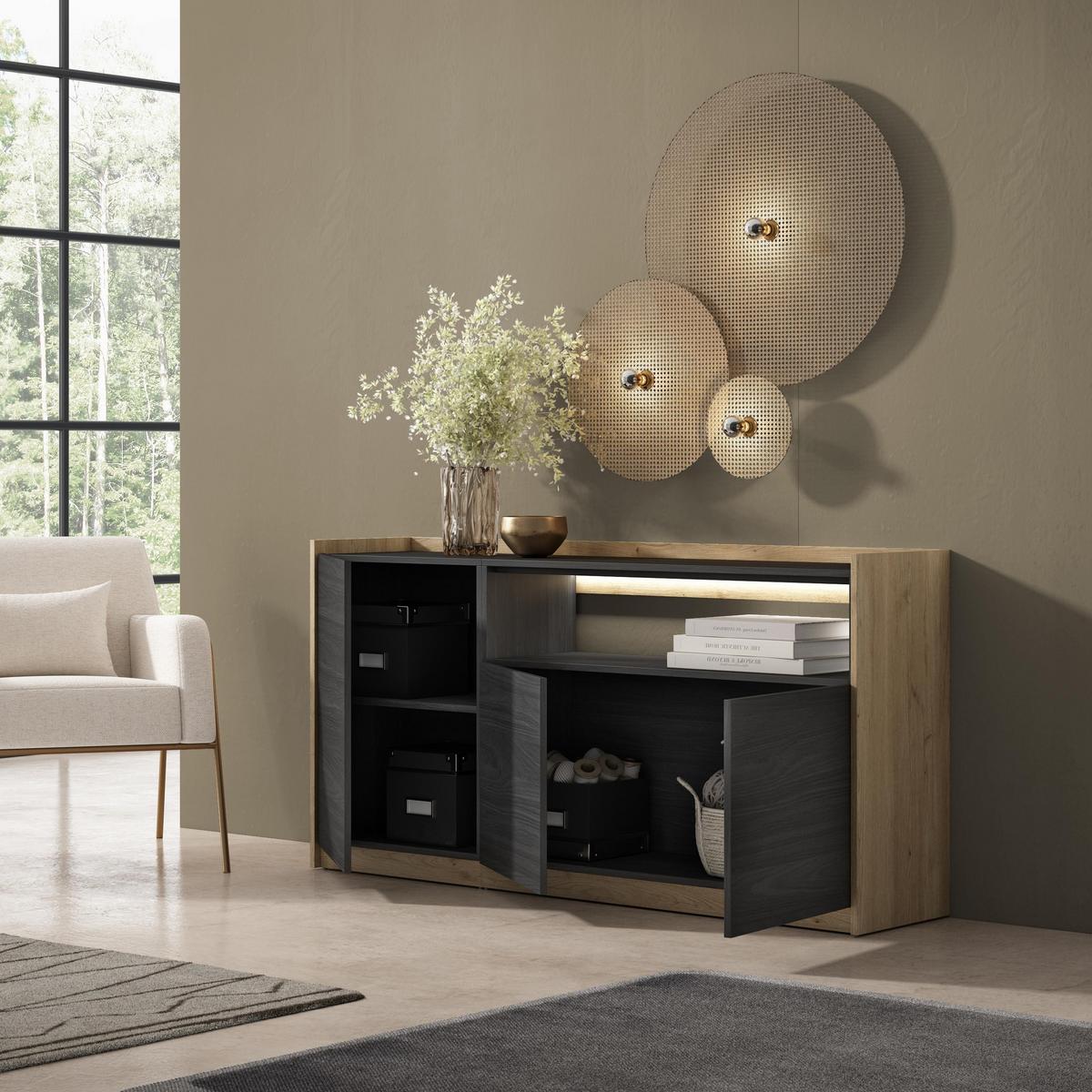 SIDEBOARD, Schwarz und Eiche, 156/37/80cm, mit Led - Schwarz, Holzwerkstoff (156/80/37cm) - Skraut Home