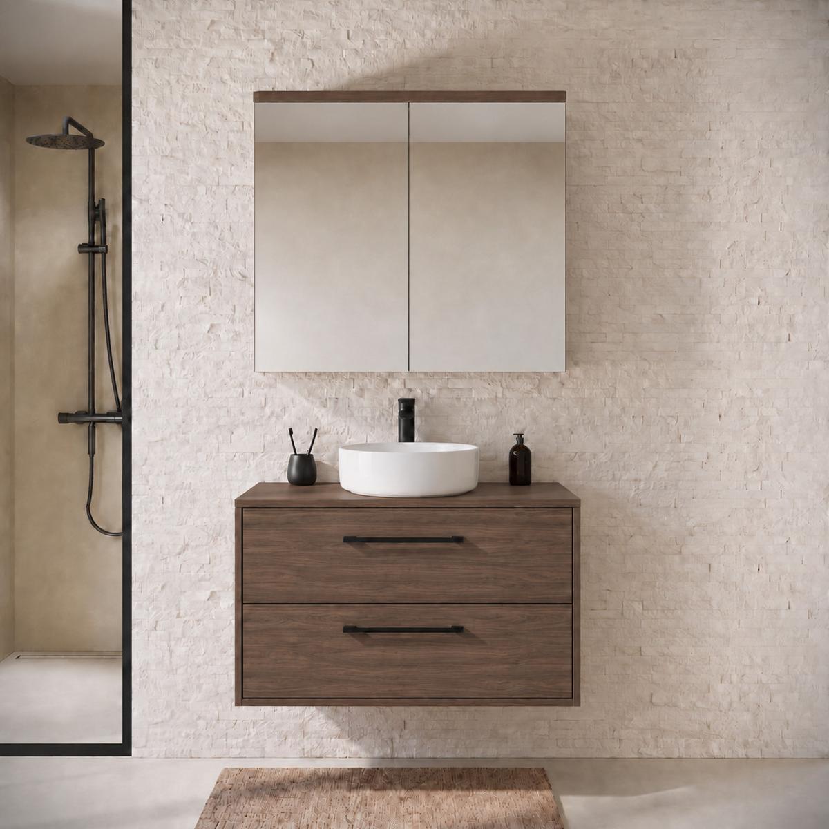 BADMÖBEL-SET Florence 2 Teile Walnuss Braun - 80 x 46 x 46 cm - Walnussfarben, Holz (80/46/46cm) - Badplaats