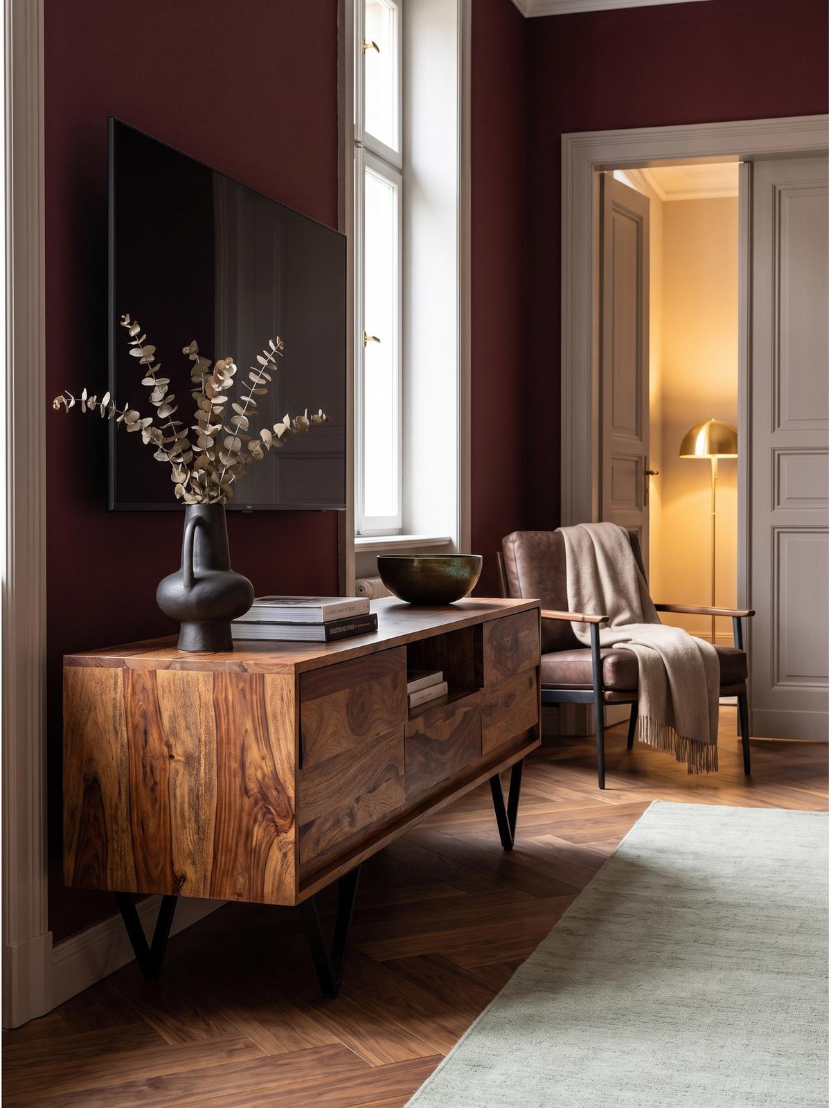 LOWBOARD AREZZO, Dunkles Massivholz, mit Stauraum, 160 x 35 x 56 cm - Schwarz/Braun, Holz/Metall (160/56/35cm) - KADIMA DESIGN