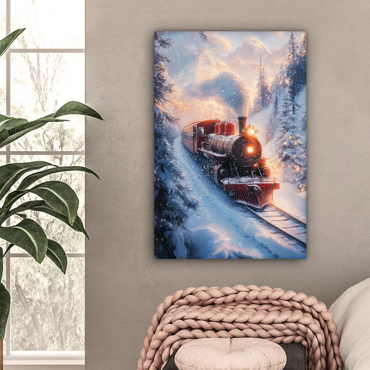 LEINWANDBILD Weihnachtszug - Schnee - Winter - Weihnachten Wanddeko 40x60 cm - Dunkelrot, Textil (40/60cm) - MuchoWow