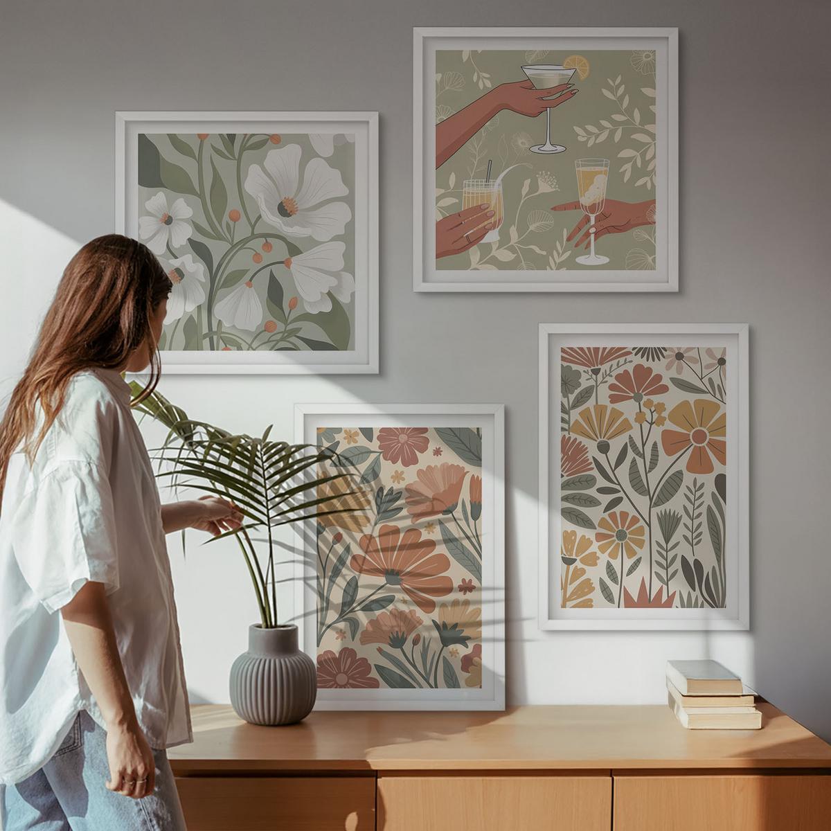 BILDER SET 4er Set - 50x50 cm & 40x60 cm Weißer Rahmen - Blumenmuster in Orange und Grün - Weiß, Kunststoff (50/50cm) - TULUP