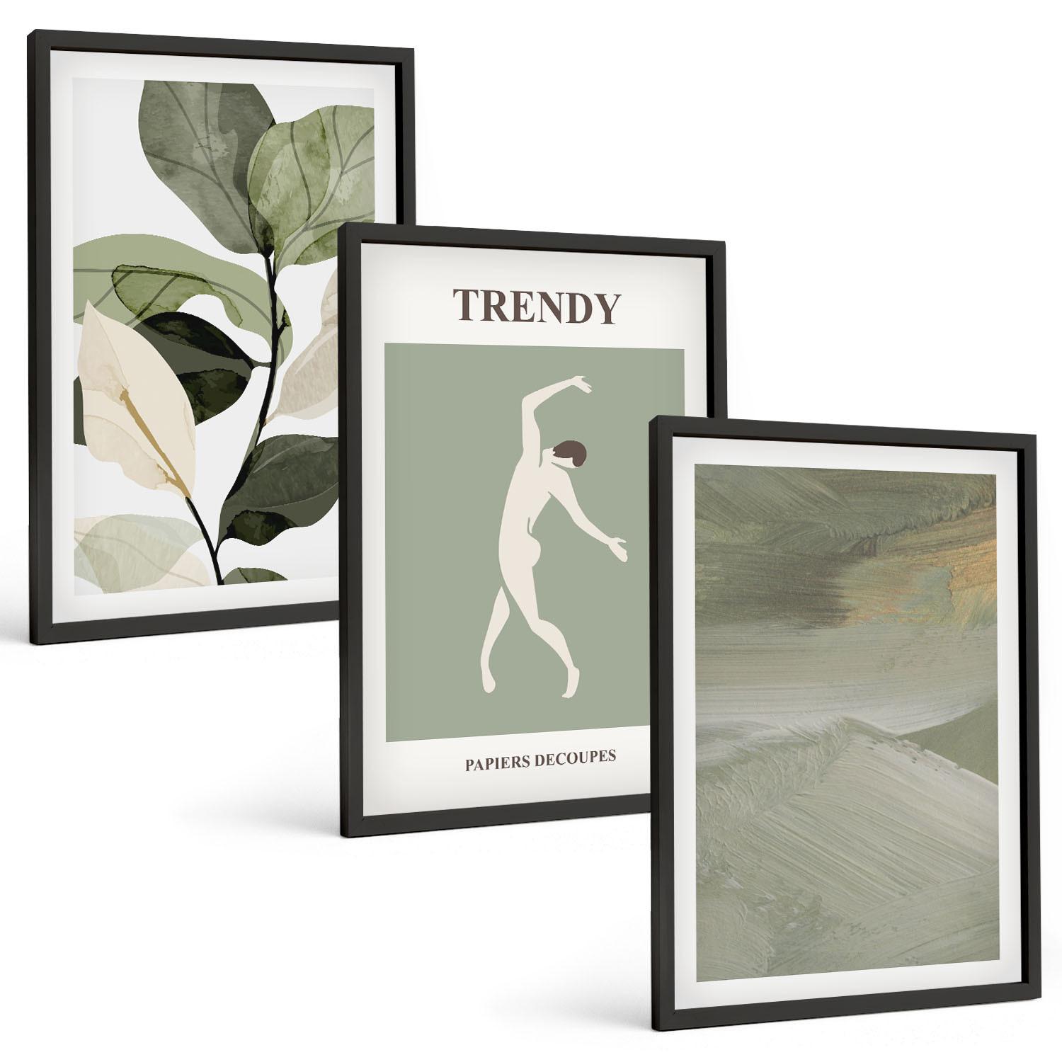 BILDER SET 3er Set - 40x60 cm Schwarzer Rahmen - Abstrakte Pflanzensilhouettenmuster - Schwarz, Kunststoff (40/60cm) - TULUP