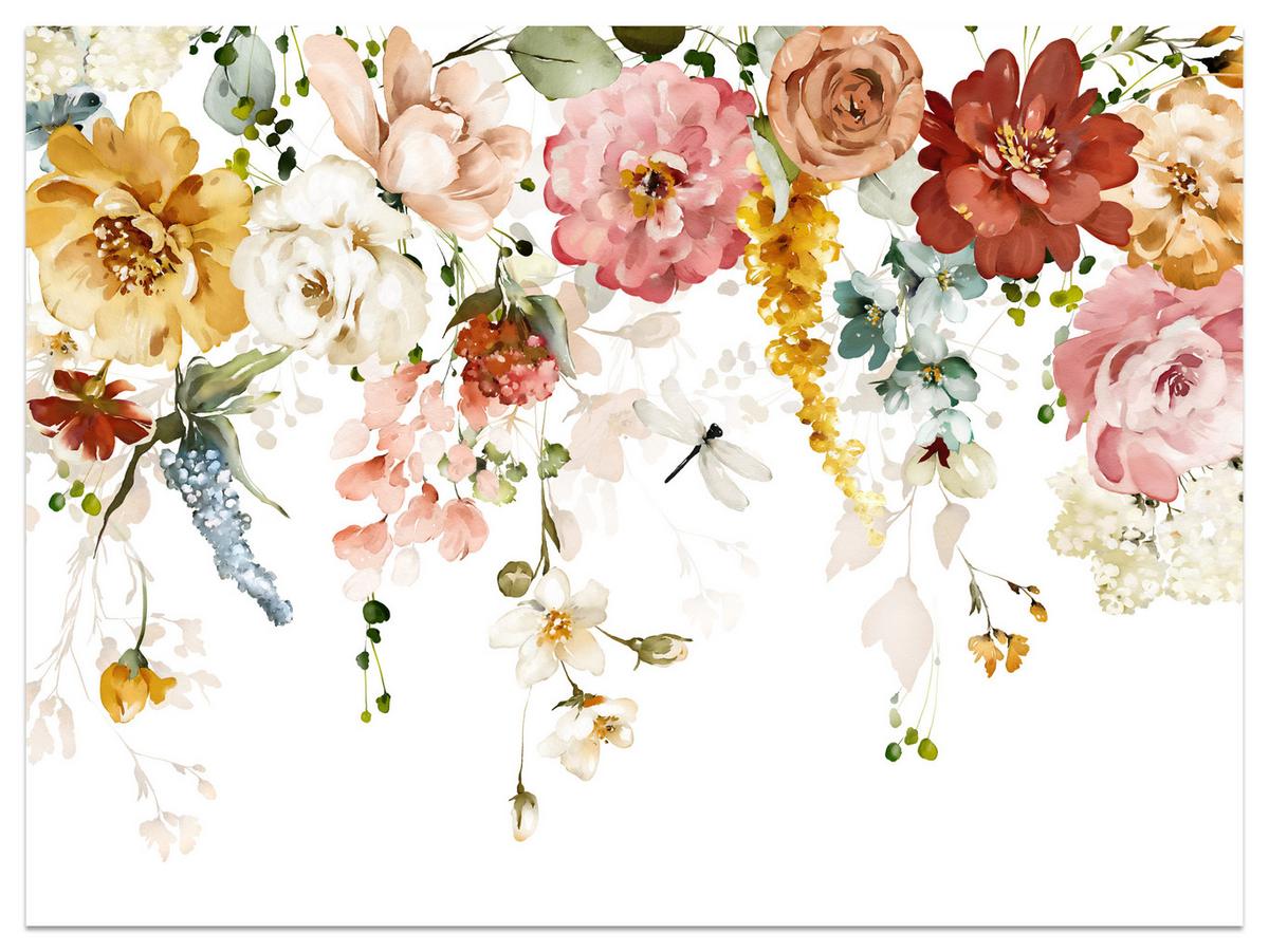 FOTOTAPETE für Schlafzimmer Aquarell Bunte Blumen Ranken Blätter 250x175 - Gelb/Rot, Papier (250/175cm) - Muralo