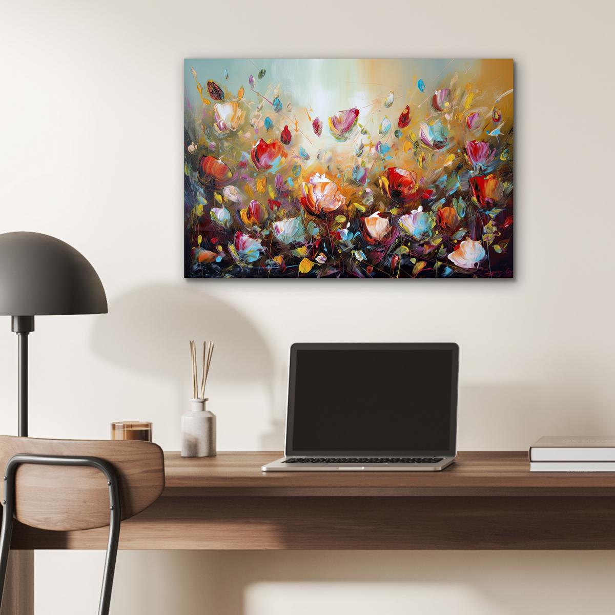 METALLBILD Blumen - Kunst - Natur - Ölgemälde Wandbild 60x40 cm - Multicolor, Metall (60/40cm) - MuchoWow