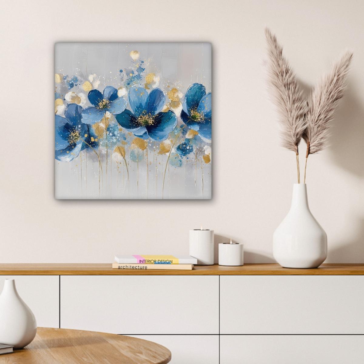 LEINWANDBILD Blumen - Blau - Abstrakt Wandbild Wohnzimmer 50x50 cm - Hellgrau, Textil (50/50cm) - MuchoWow
