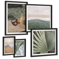 BILDER SET 5er Set - 50x50 cm & 20x30 cm & 40x60 cm Schwarzer Rahmen - Strandhut und Sonnenbrille - Schwarz, Kunststoff (40/60cm) - TULUP
