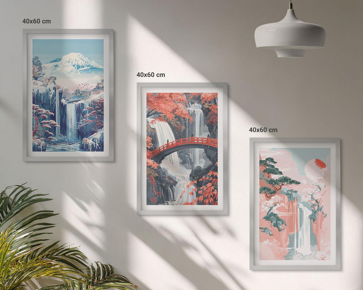 BILDER SET 3er Set - 40x60 cm Silberner Rahmen - Wasserfälle, Berge, Brücken, Bäume - Silberfarben, Kunststoff (40/60cm) - TULUP