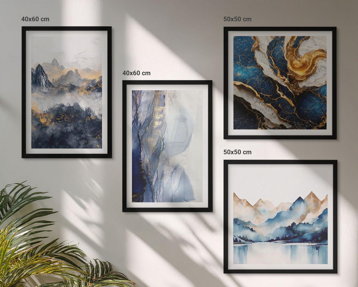 BILDER SET 4er Set - 50x50 cm & 40x60 cm Schwarzer Rahmen - Blaue Berglandschaften - Schwarz, Kunststoff (50/50cm) - TULUP