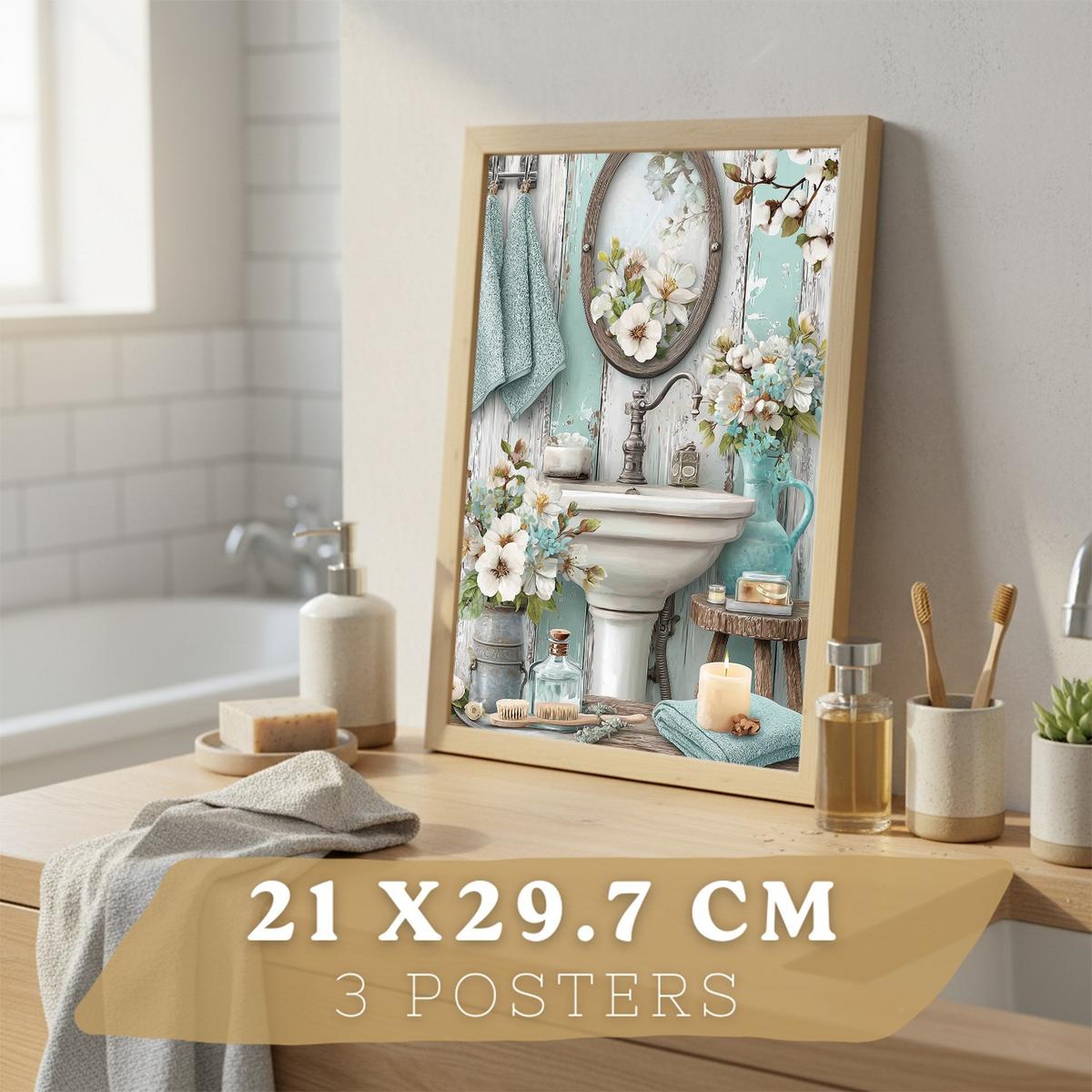 POSTER Set 3 dekorative Badezimmer-Poster im Cottage-Stil für Wand, Waschbecken, florale Dekoration mit Badezimmermöbeln Leichter Holzrahmen A4 - Beige, Papier (29.7/21/3cm) - Nacnic