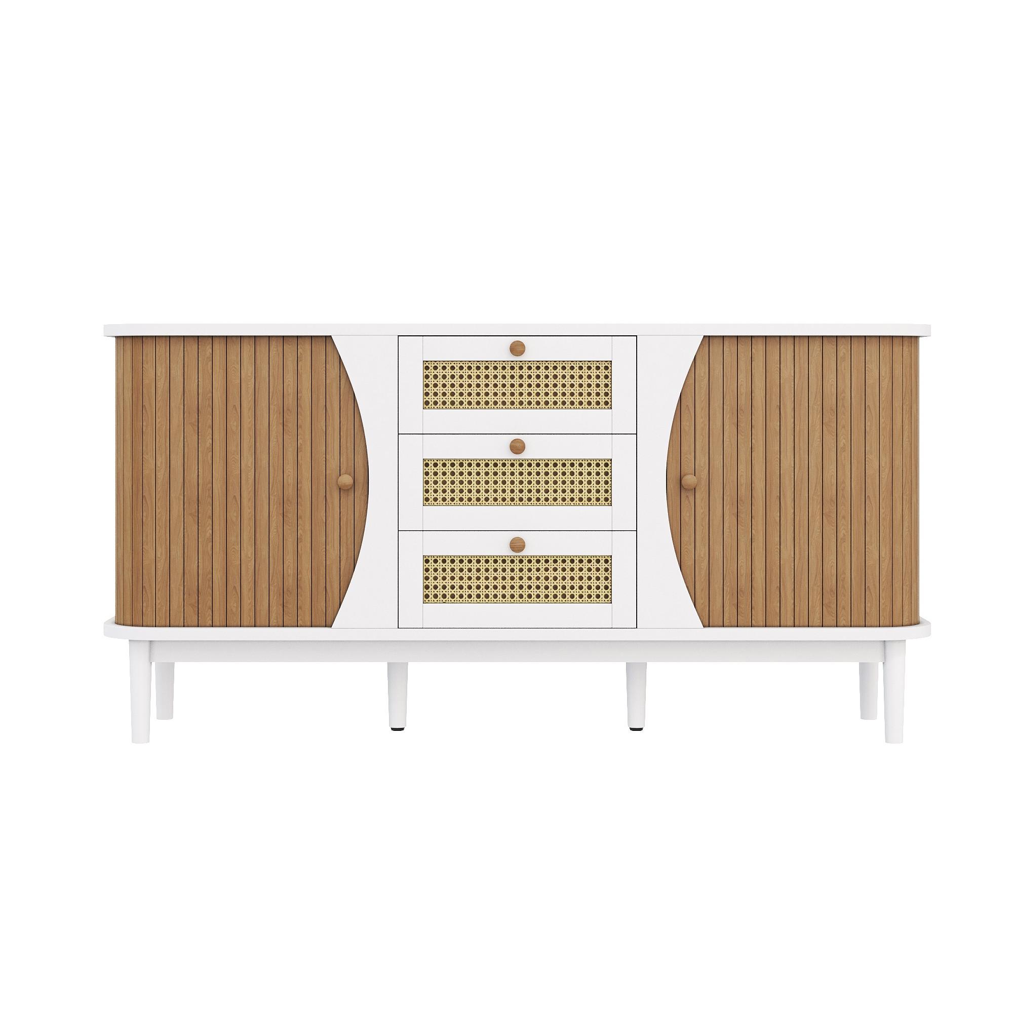 SIDEBOARD in Weiß & Holz-Optik Rattankommode mit 3 Schubladen & Bogen-Design - Weiß, Holzwerkstoff (140.5/76/40cm) - Urban Meuble