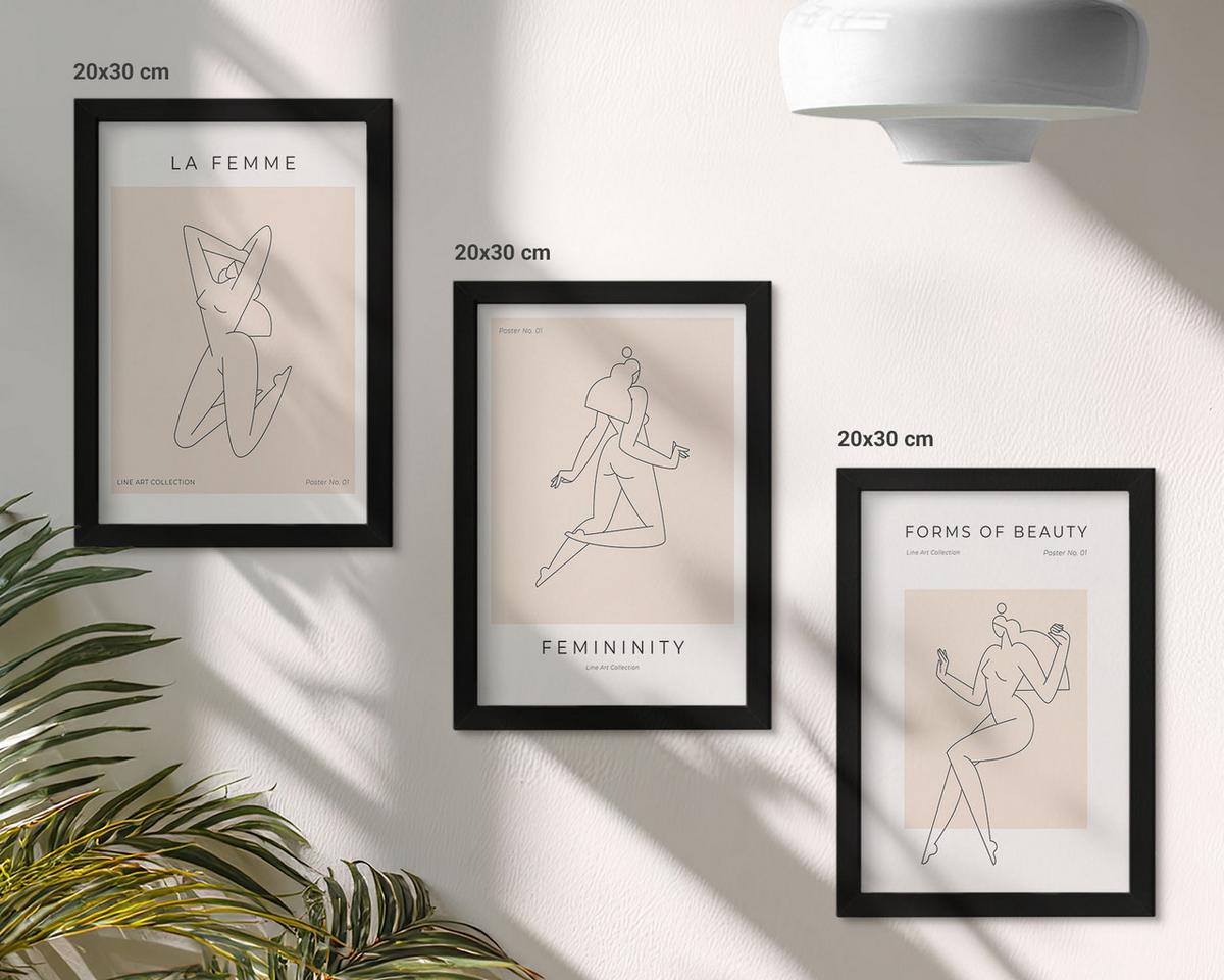 BILDER SET 3er Set - 20x30 cm Schwarzer Rahmen - Poster mit minimalistischen Frauensilhouetten - Schwarz, Kunststoff (20/30cm) - TULUP