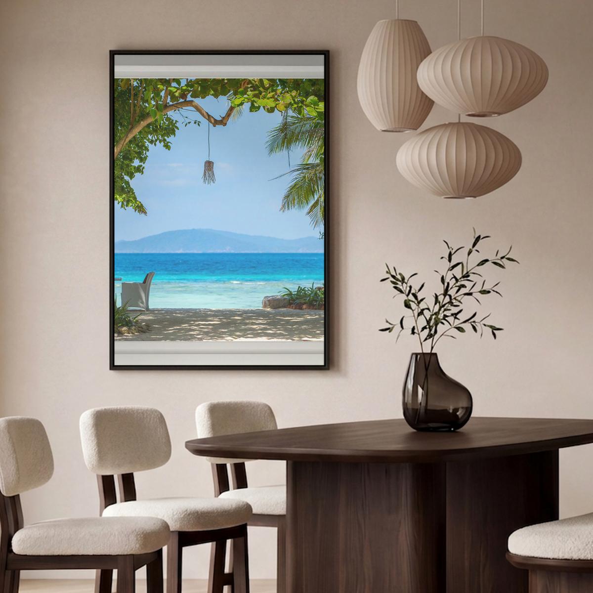 LEINWAND Bilder mit Rahmen - Aussicht - Baum - Meer - Palme - Hügel - Strand - Blau - 80x120 - Blau, Textil (80/120cm) - MuchoWow