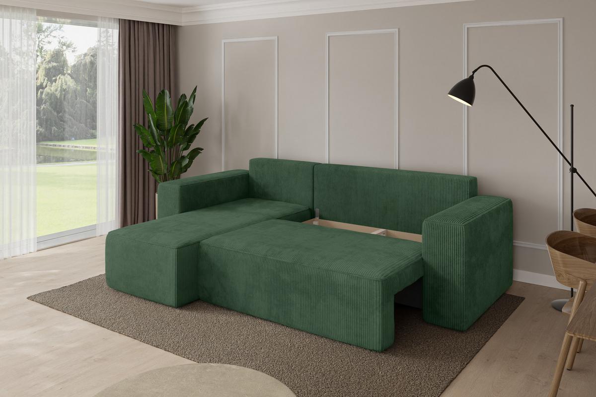 ECKSOFA mit Schlaffunktion Ottomane Links SENO-L 249x139x85 Grün Cord - Dunkelgrün/Schwarz, Holzwerkstoff/Kunststoff (249/139cm) - ALTDECOR