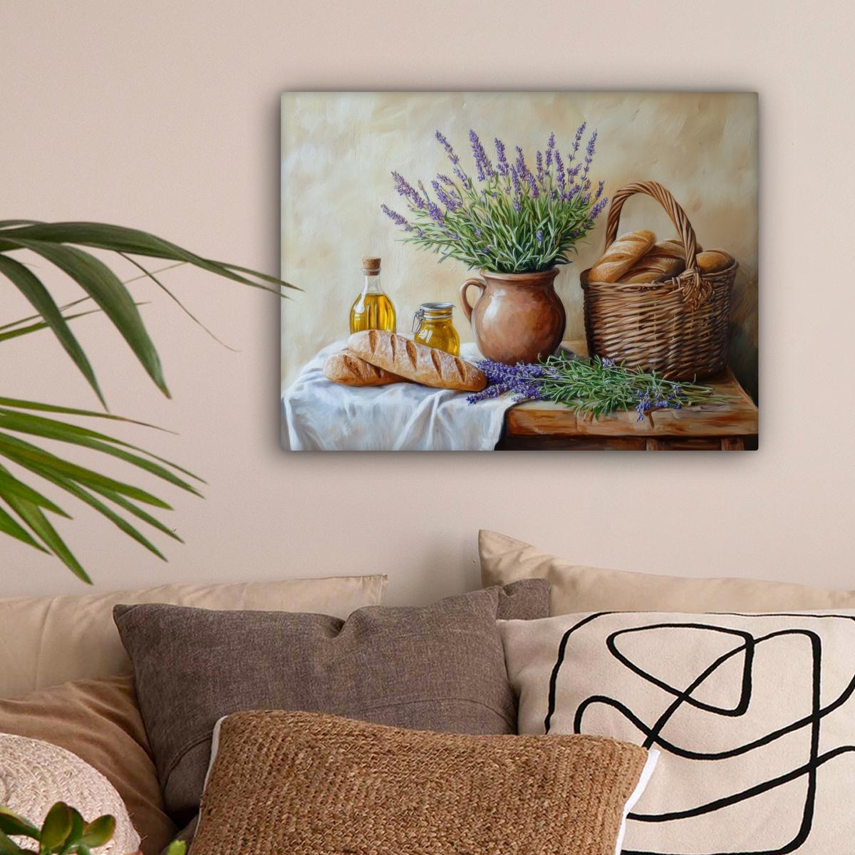 LEINWANDBILD Lavendel - Brot - Stilleben Wandbild 40x30 cm - Flieder, Textil (40/30cm) - MuchoWow