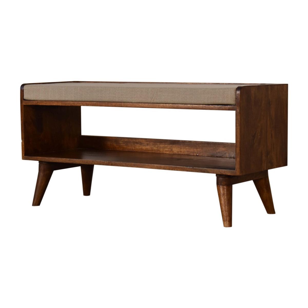 SCHUHBANK Massivholz Mud Leinen Nordic, Gepolsterte Sitzfläche und Offenes Regal zur Aufbewahrung, Dunkelbraun - Beige/Dunkelbraun, Mangoholz/Holz (90/45/34cm) - Artisan Furniture
