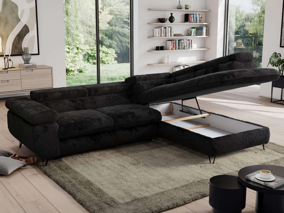 ECKSOFA PEDRO L Schwarz Plüsch - Rechts Seite - Schwarz, Textil/Metall (273/208cm) - MKS