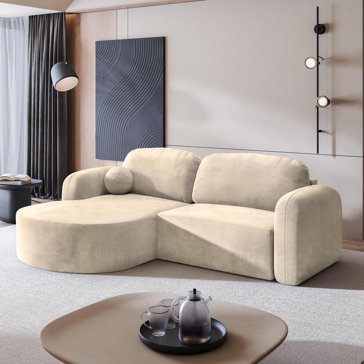 ECKSOFA AMILIA M L-S Creme Velours-Stoff mit Schlaffunktion - Creme, Holz (263/174cm) - MASSENO