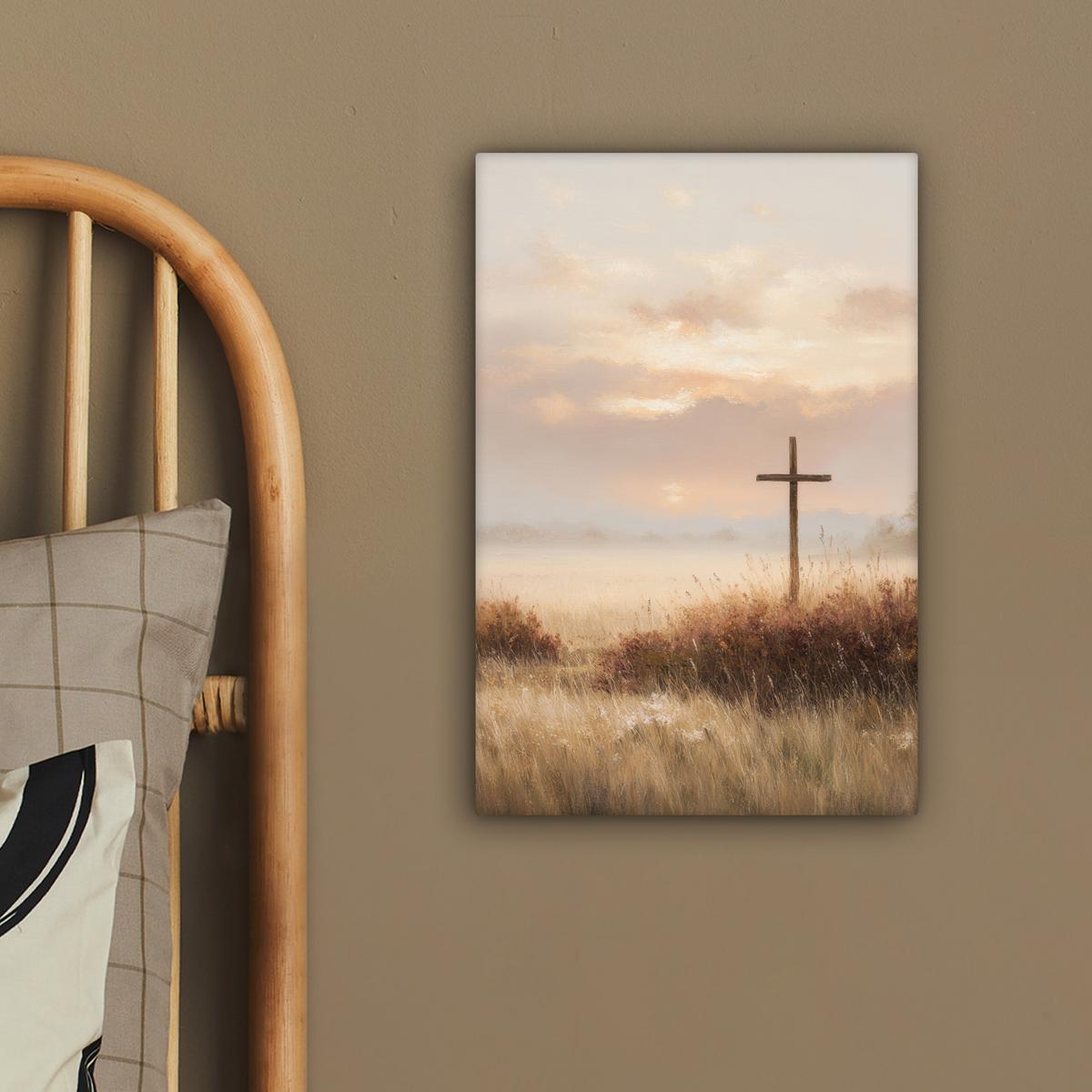 LEINWANDBILD Gras - Morgennebel - Kreuz - Christentum Deko Wohnzimmer 20x30 cm - Beige, Textil (20/30cm) - MuchoWow