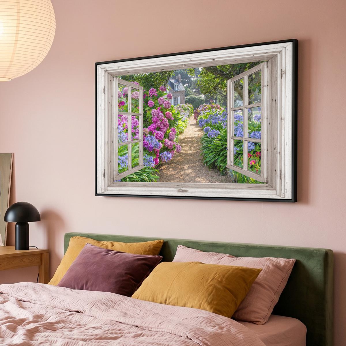 LEINWAND Bilder mit Rahmen - Hortensie - Durchsichtig - Blumen - Sommer - Lila - Weg - 120x80 - Lila, Textil (120/80cm) - MuchoWow