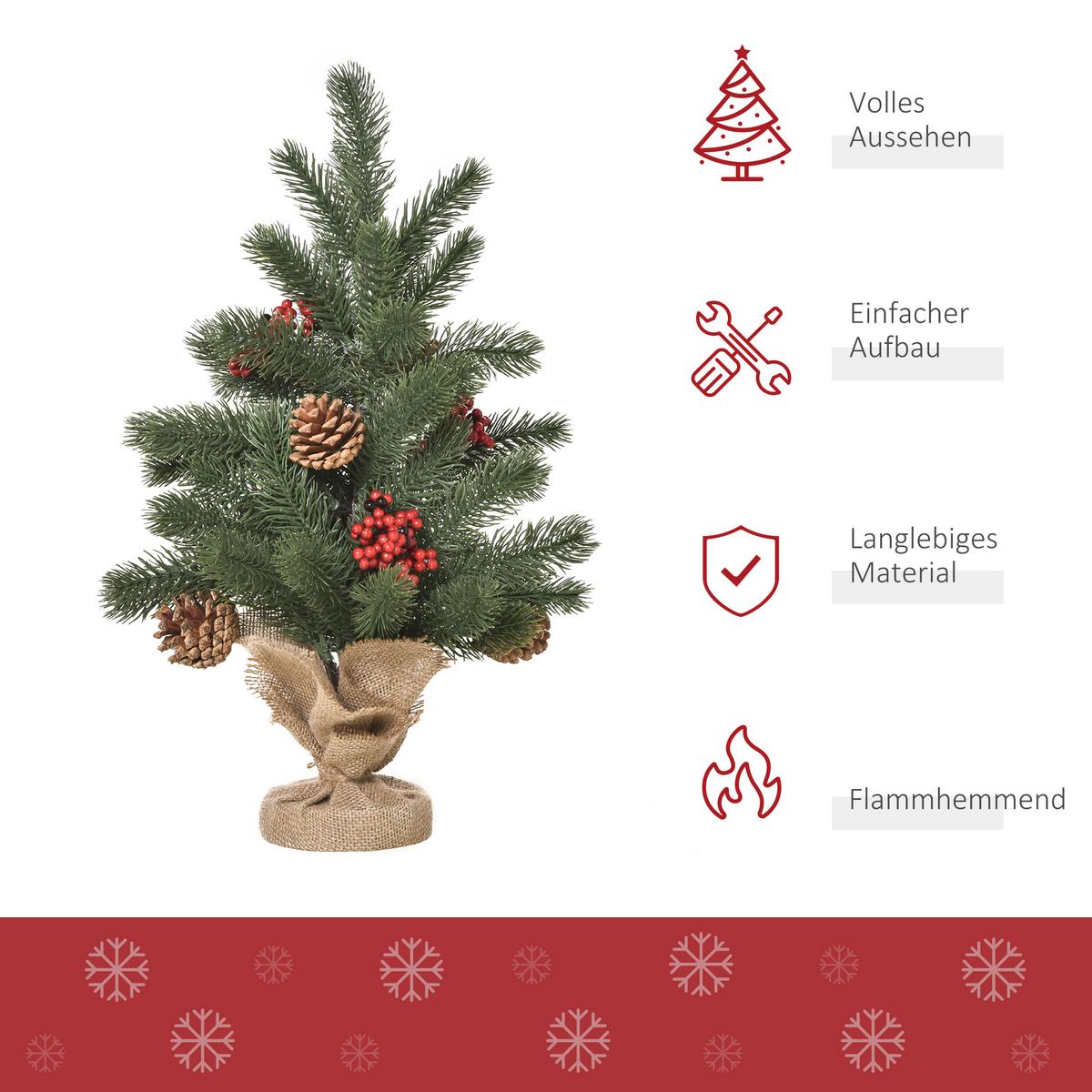 WEIHNACHTSBAUM 50 cm Christbaum 55 Zweige mit Beeren PE Zement Grün - Grün, Kunststoff (50cm) - HOMCOM