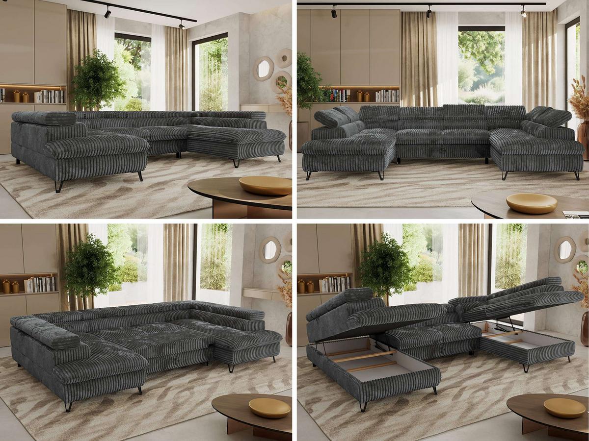 WOHNLANDSCHAFT PABLO U Cord Grau mit Topper Visco - Dunkelgrau/Schwarz, Textil/Metall (346/76/208cm) - MKS