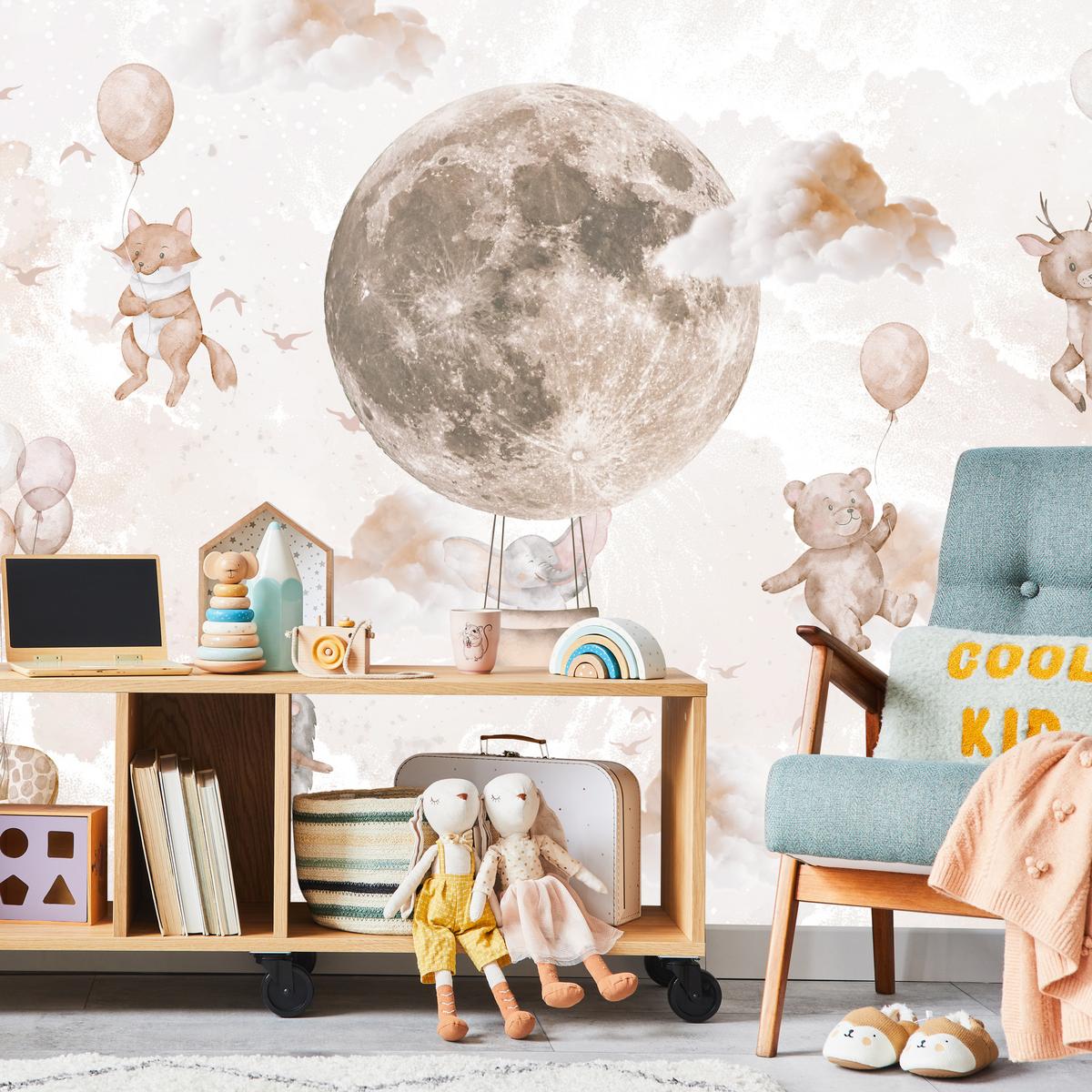 FOTOTAPETE für Kinderzimmer Mond Ballons Bär Rehkitz Giraffe Wolken 500x350 - Beige/Rosa, Papier (500/350cm) - Muralo