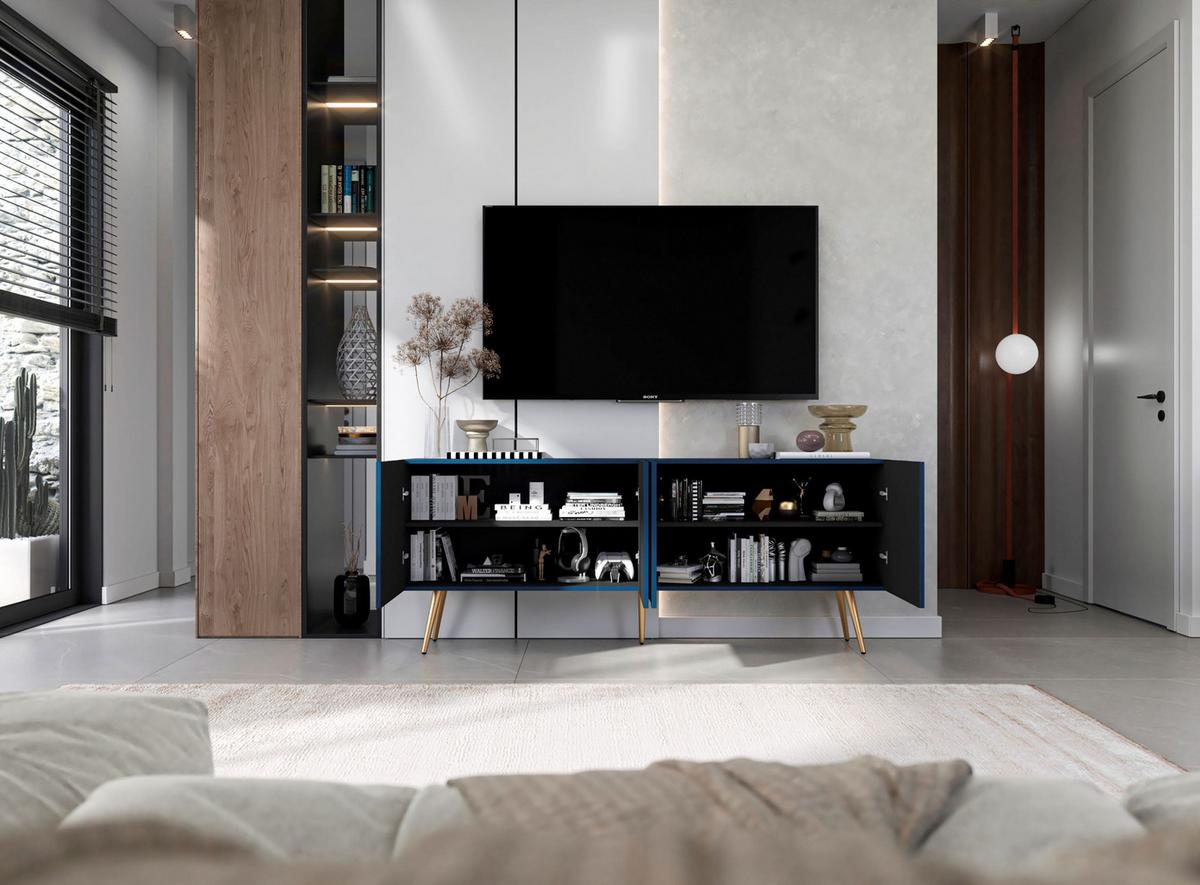 TV-SCHRANK Elpis Marineblau Matt mit goldenen Metallbeine Glamour 150 cm - Blau/Goldfarben, Holzwerkstoff/Metall (150/60.5/36.5cm) - Meble Lindner