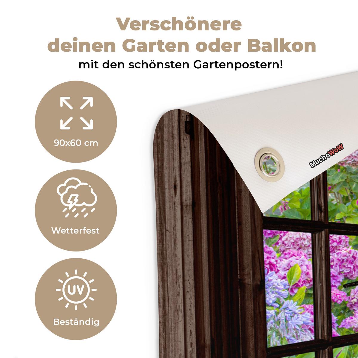 GARTENPOSTER Hortensie - Durchsichtig - Blumen - Lila - Natur - Dunkelbraunes Fenster Gartendeko 90x60 cm - Dunkelbraun, Kunststoff (90/60/0.2cm) - OnlyWow