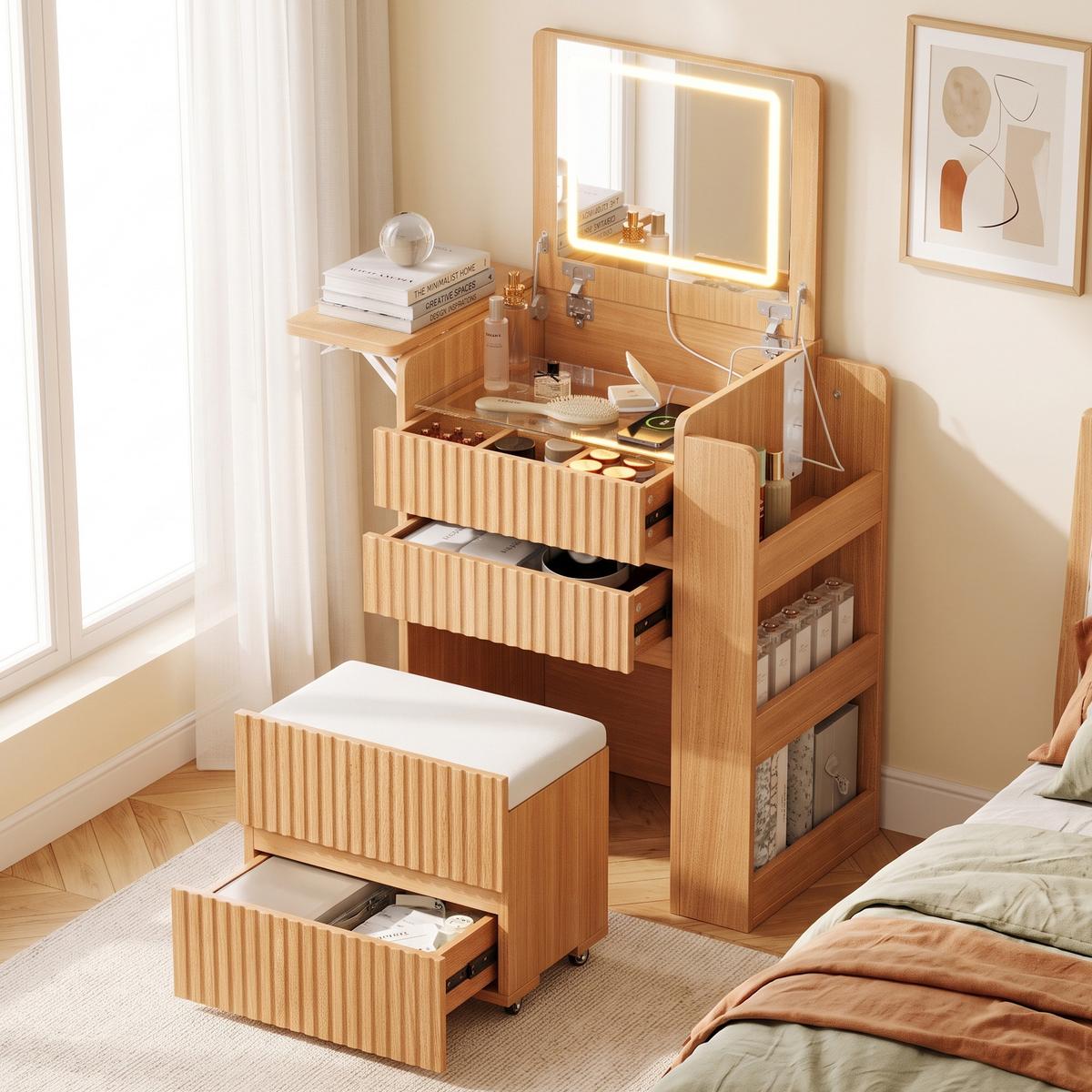 SCHMINKTISCH mit Hocker Naturholzoptik mit LED-Klappspiegel, Ladestation - Naturfarben, Holzwerkstoff (79/120/40cm) - Urban Meuble