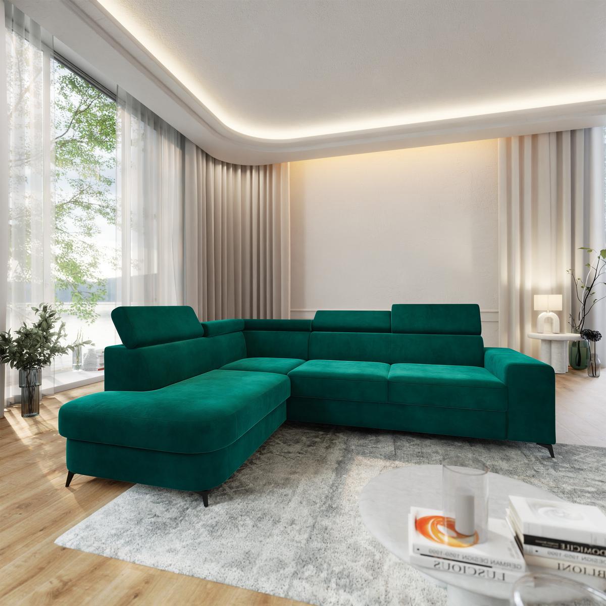 ECKSOFA ALVORO L-S Grün Velours-Stoff mit Schlaffunktion - Grün, Holz (253/190cm) - MASSENO