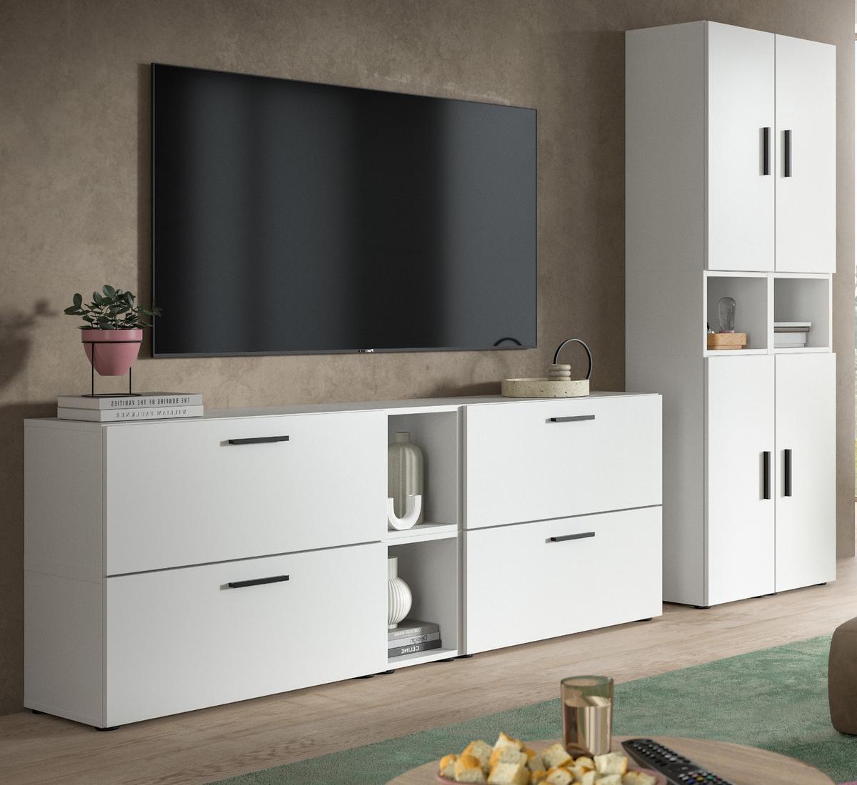 WOHNWAND weiß 256 x 178 cm, Schrankwand mit Soft-Close - Schwarz/Weiß, Holzwerkstoff/Kunststoff (256/151/34cm) - Inn.Furn