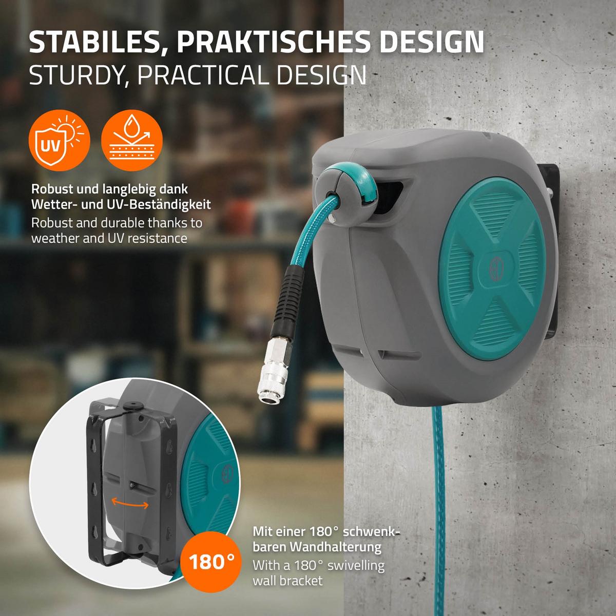 DRUCKLUFTSCHLAUCHTROMMEL 10m+1m - Grau, Kunststoff (14/26/39cm) - ECD-Germany