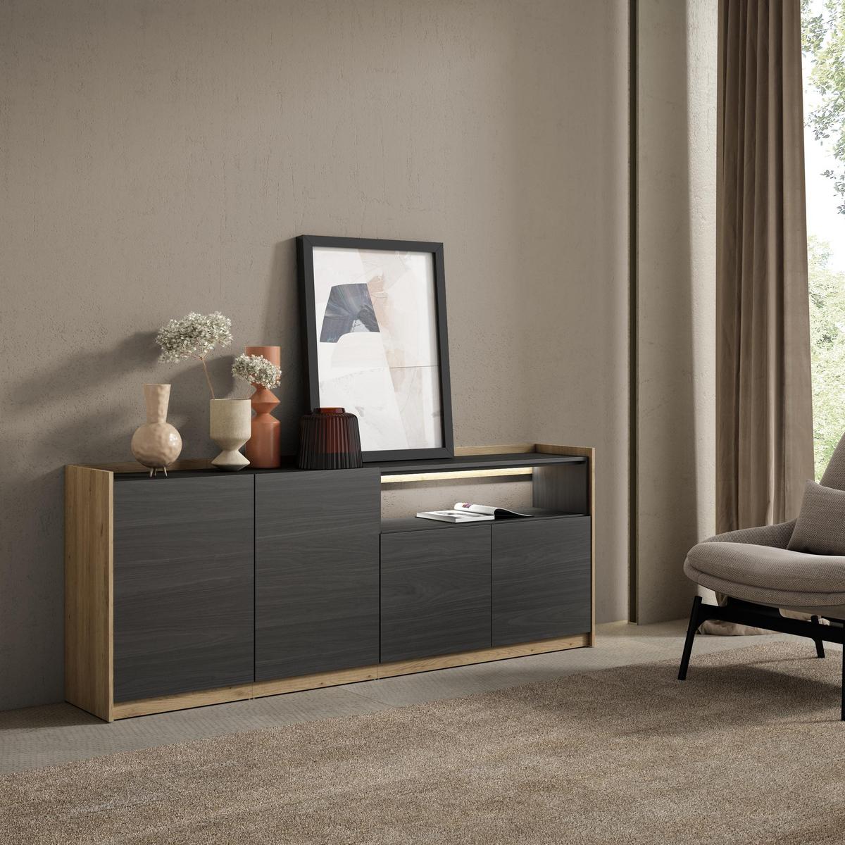 SIDEBOARD, Schwarz und Eiche, 207/37/80cm, mit Led - Schwarz, Holzwerkstoff (207/80/37cm) - Skraut Home
