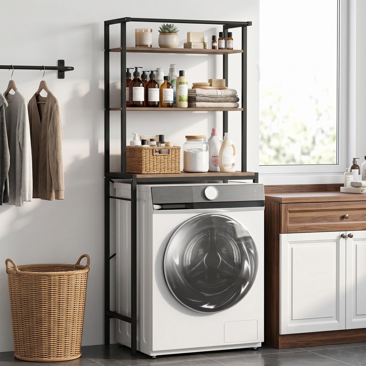 WASCHMASCHINENREGAL Metall Spanplatte Braun und Schwarz - Schwarz/Braun, Holzwerkstoff/Metall (40/161.8/67cm) - HOMCOM