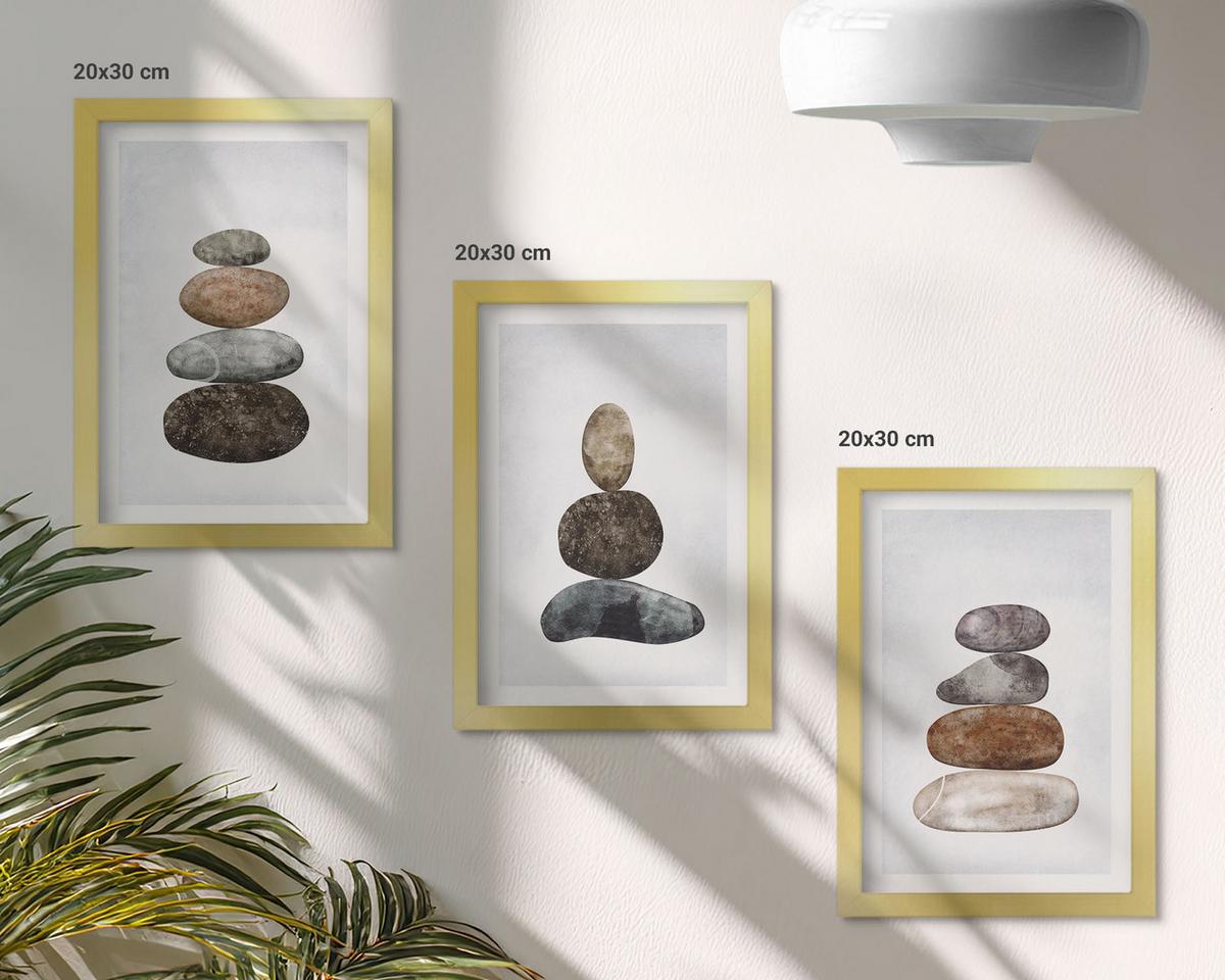 BILDER SET 3er Set - 20x30 cm Goldrahmen - Minimalistische Boho-Steine - Goldfarben, Kunststoff (20/30cm) - TULUP