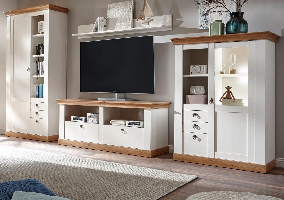 WOHNWAND weiß Pinie, Eiche Landhaus 376 cm 4-teilig, Schrankwand im Landhaus-Stil - Silberfarben/Eiche Wotan, Glas/Holzwerkstoff (376/376/52cm) - Furn.Design