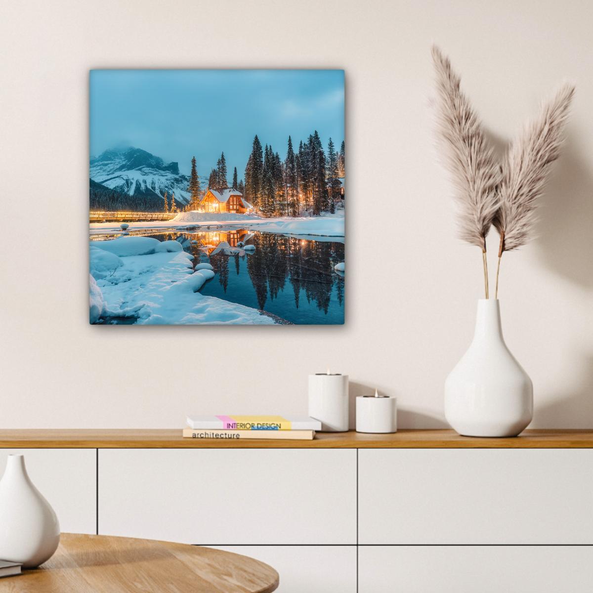 LEINWANDBILD Winterlandschaft - Natur - Haus - Berge - Schnee Wandbild Wohnzimmer 50x50 cm - Hellblau, Textil (50/50cm) - MuchoWow