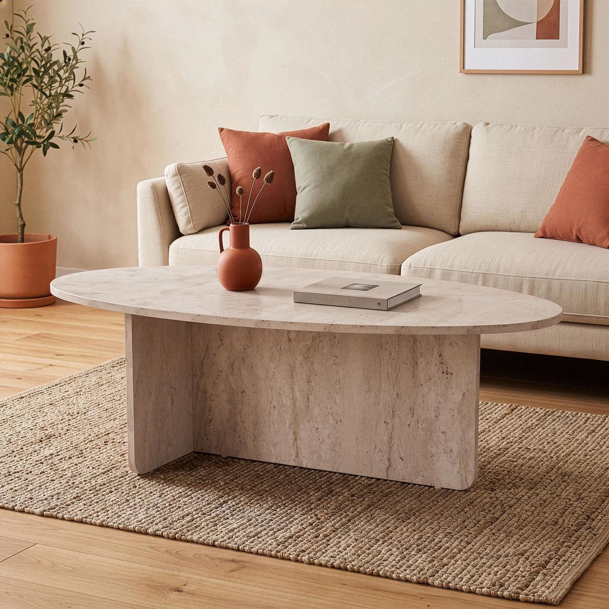 COUCHTISCH mit ovaler Platte L120 cm 65/120/40 cm - Beige, Holzwerkstoff (120/65/40cm) - Calicosy