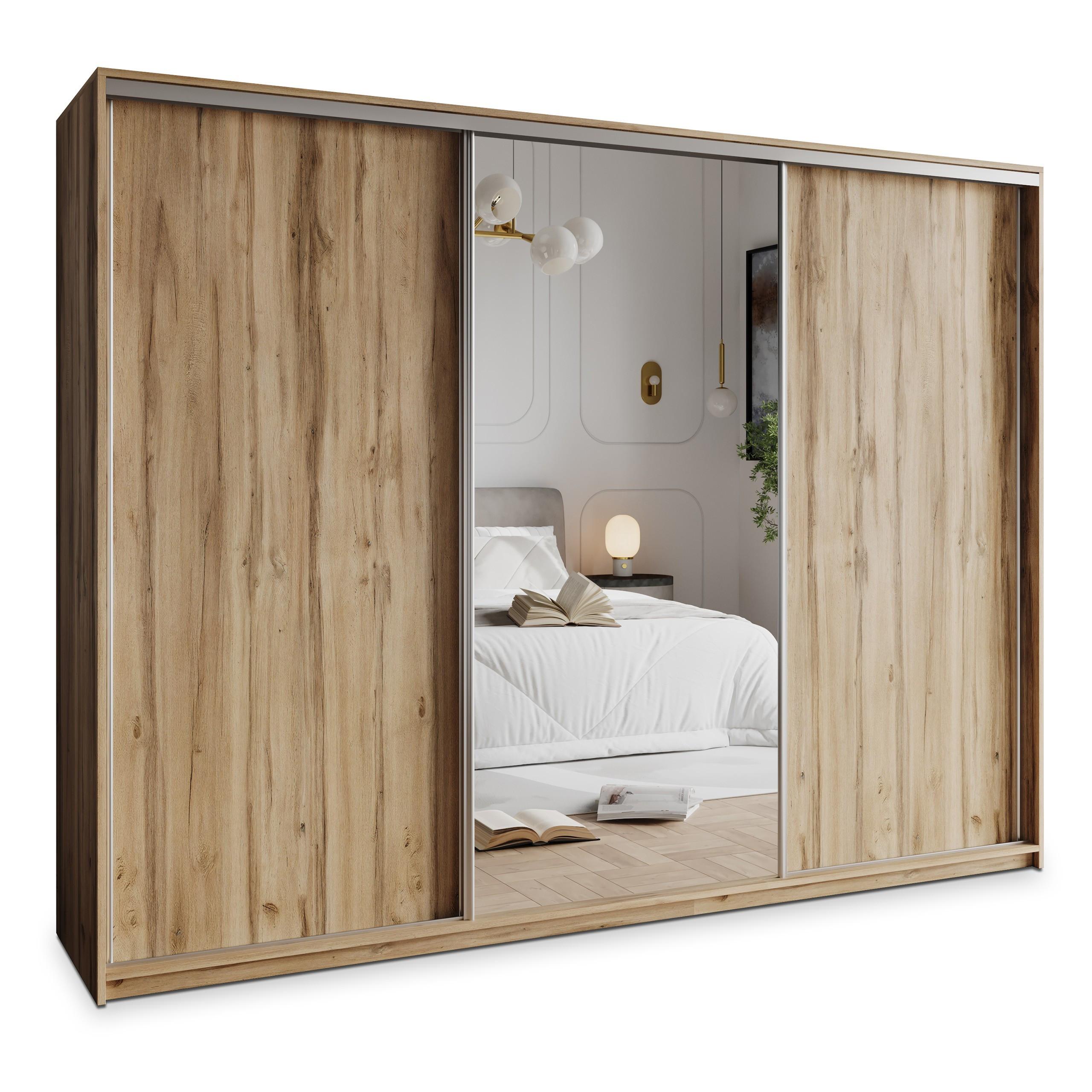 SCHWEBETÜRENSCHRANK TAVI 270/205/60 cm 3-türig mit Spiegel Eiche Wotan - Eiche Wotan, Holzwerkstoff (270/205/60cm) - MASSENO