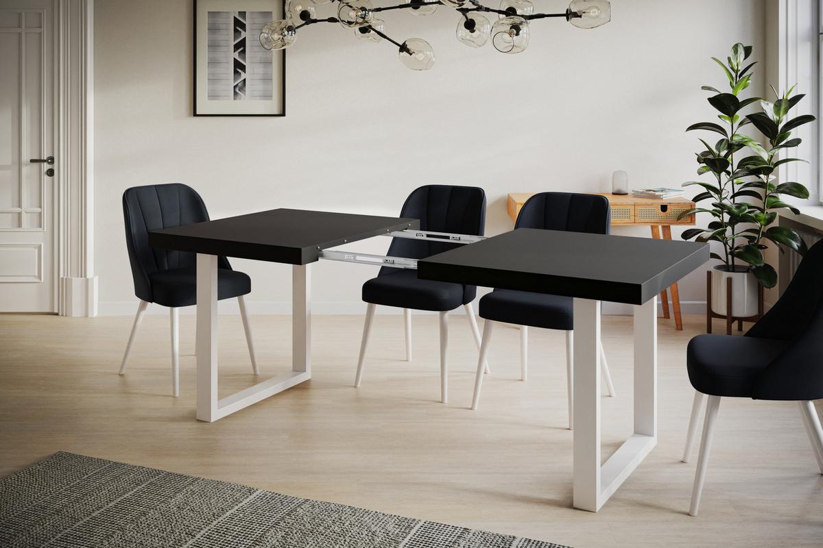 INDUSTRIELLER Esszimmertisch LOFT-U, ausziehbarer Tisch, Größe: 180-280X90X77 cm, Wohnzimmertisch Farbe: Schwarz, mit Metallbeinen in Farbe Weiß - Schwarz/Weiß, Holzwerkstoff (180/90/77cm) - Alpi-Möbel