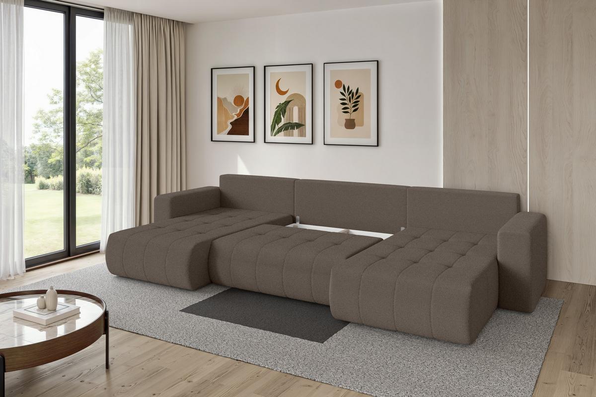 WOHNLANDSCHAFT mit Schlaffunktion und Bettkasten MILA-U 378x194x86 Braun Bouclé - Schwarz/Braun, Holzwerkstoff/Kunststoff (378/86/194cm) - ALTDECOR