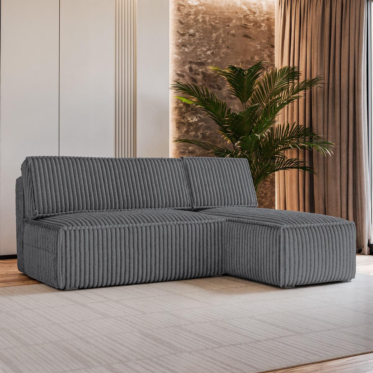 ECKSOFA BRISO T Graphitfarben Kordstoff mit Schlaffunktion - Graphitfarben/Grau, Holz/Kunststoff (200/140cm) - MASSENO