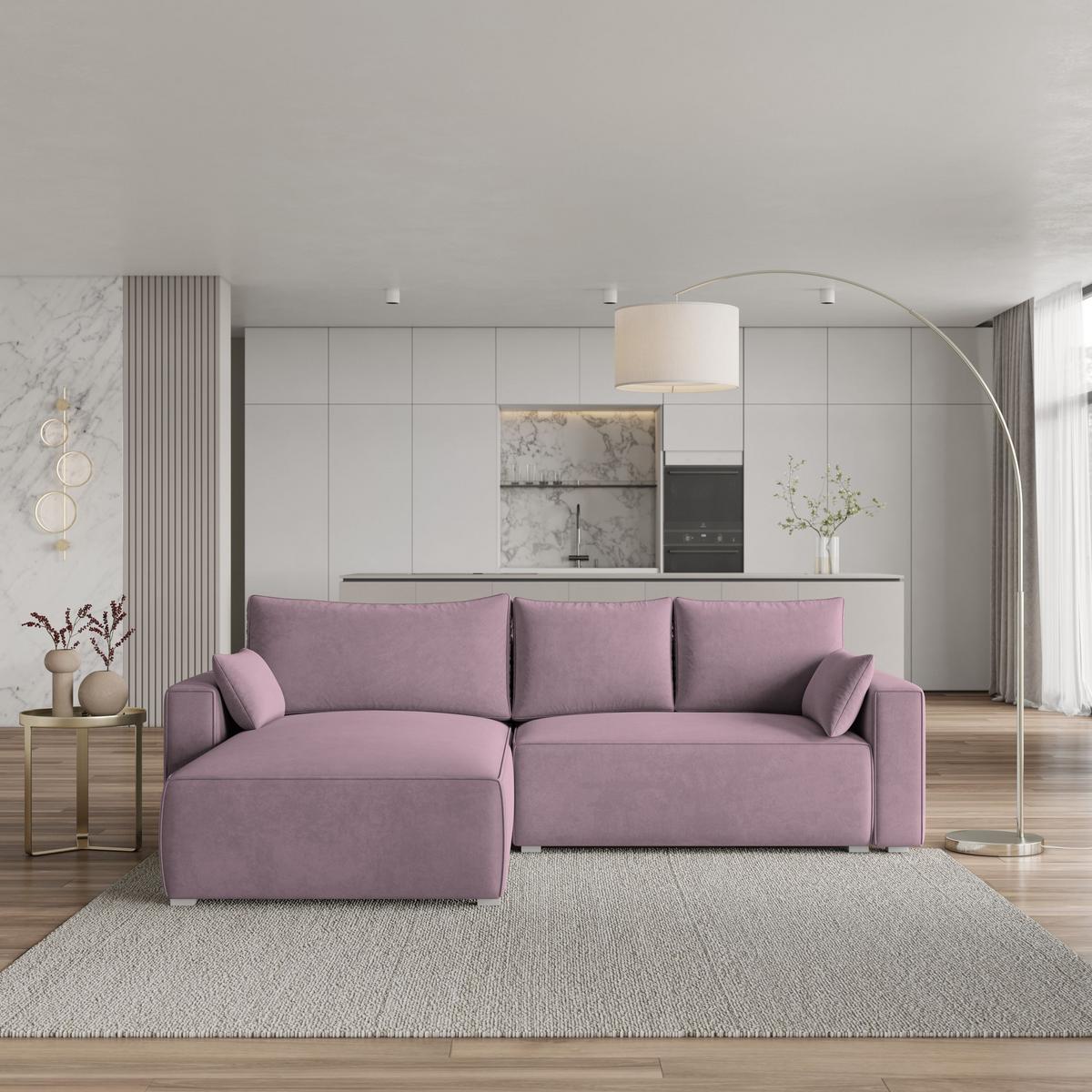 ECKSOFA FORIL Lila Velours-Stoff mit Schlaffunktion - Lila/Grau, Holz/Kunststoff (265/178cm) - MASSENO