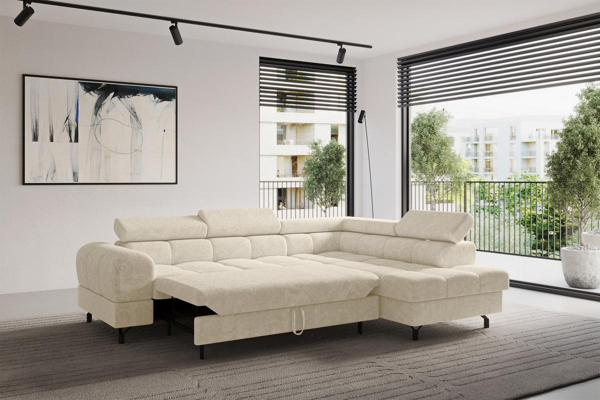 ECKSOFA mit Schlaffunktion Ottomane Rechts LUMA-L 272x203x70 Creme Velours - Creme/Schwarz, Holzwerkstoff/Kunststoff (203/272cm) - ALTDECOR